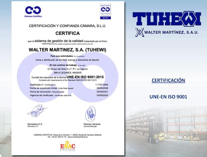 Certificación UNE EN ISO 9001 TuHewi
