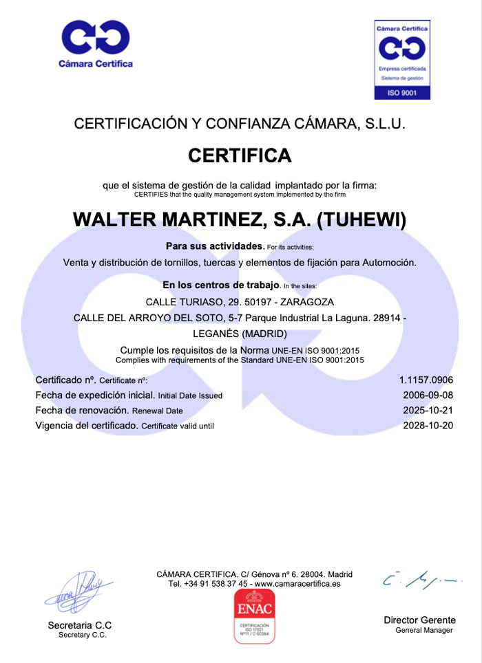 2025 CERTIFICADO ER ISO 9001 WALTER MARTINEZ, S.A. (TUHEWI)